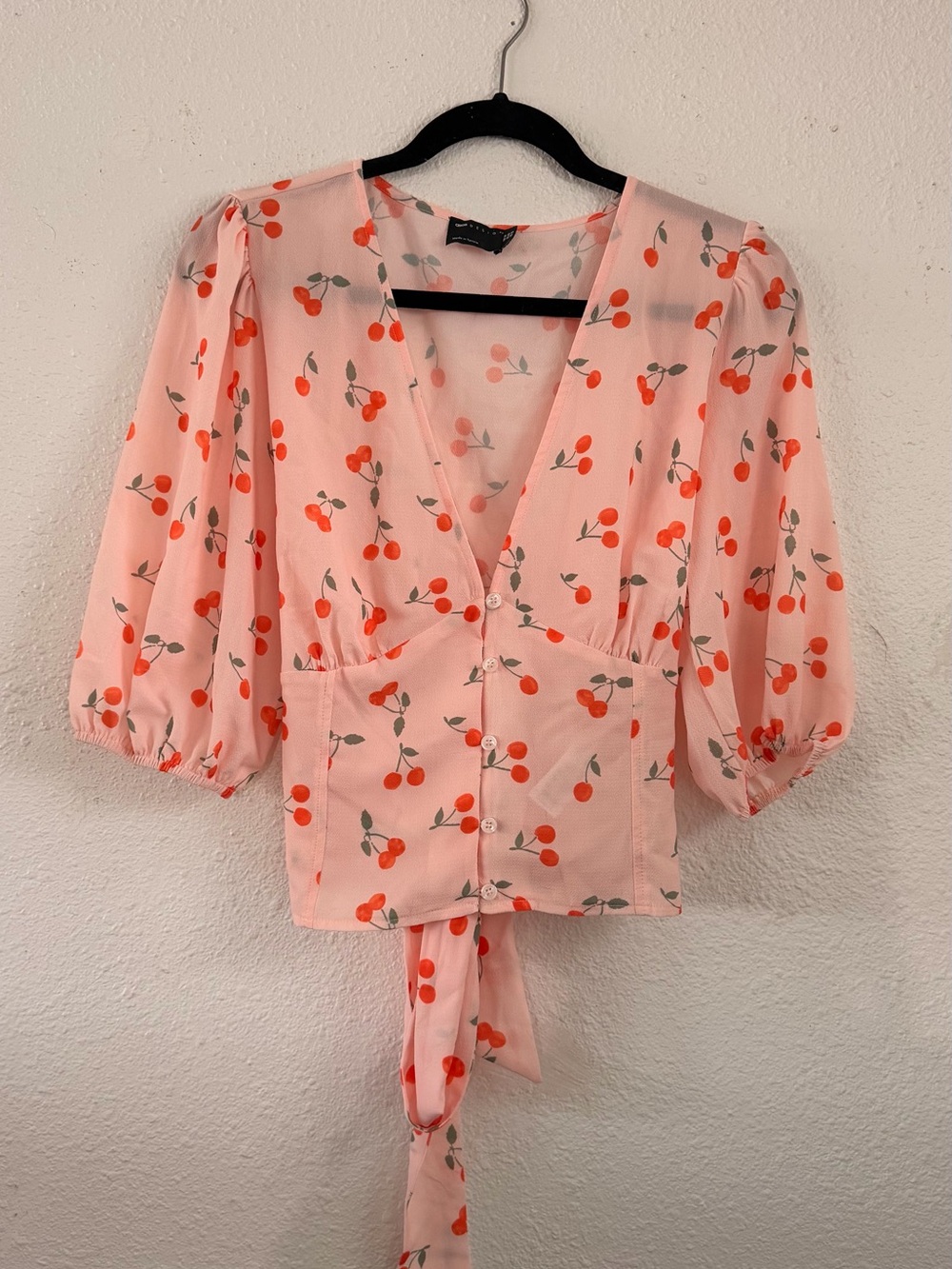 Cherry-Print Tie-Front Blouse - Pink